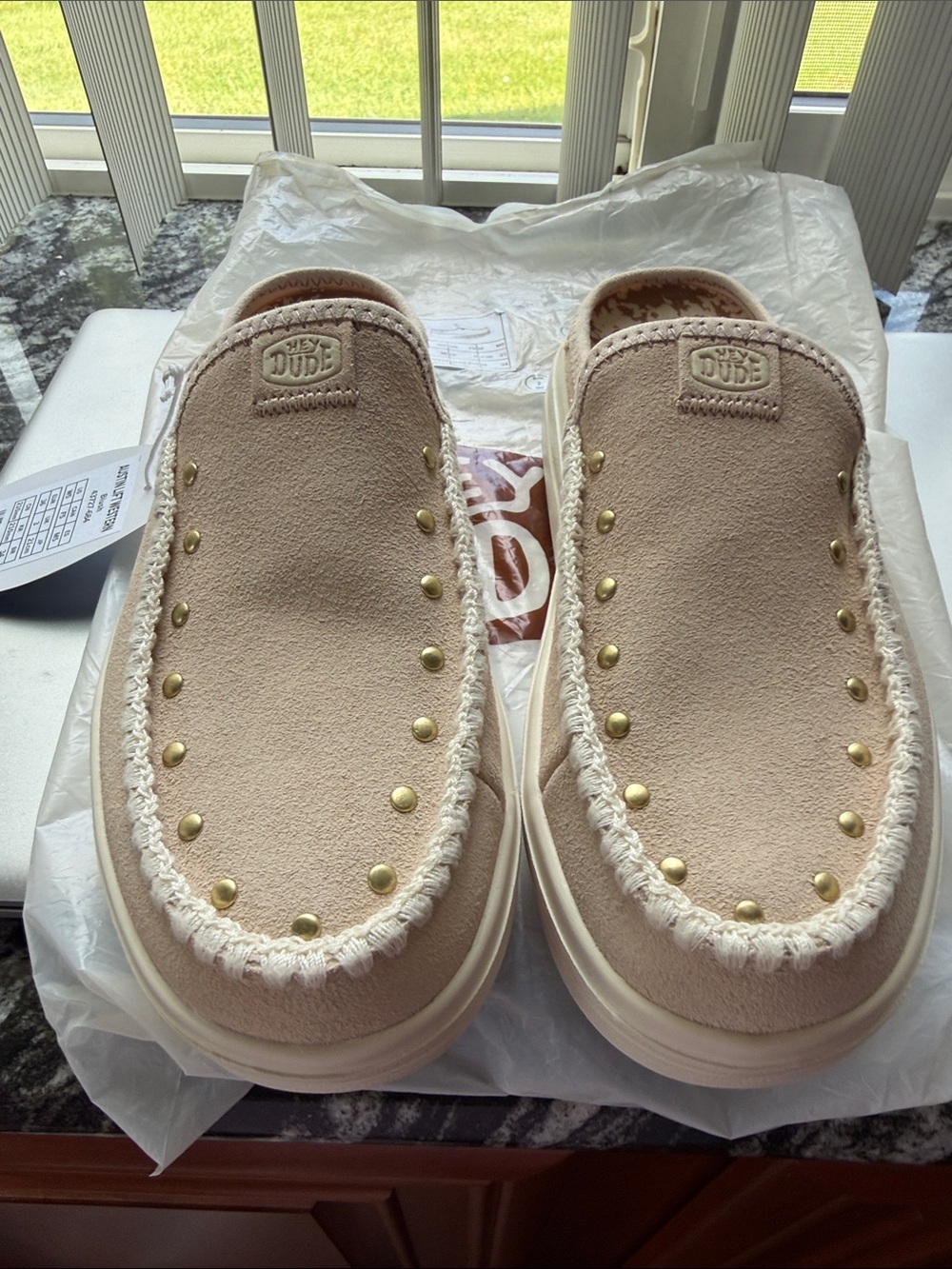 NWT Hey Dude Beige Suede Slip-On Clogs with Gold Studs